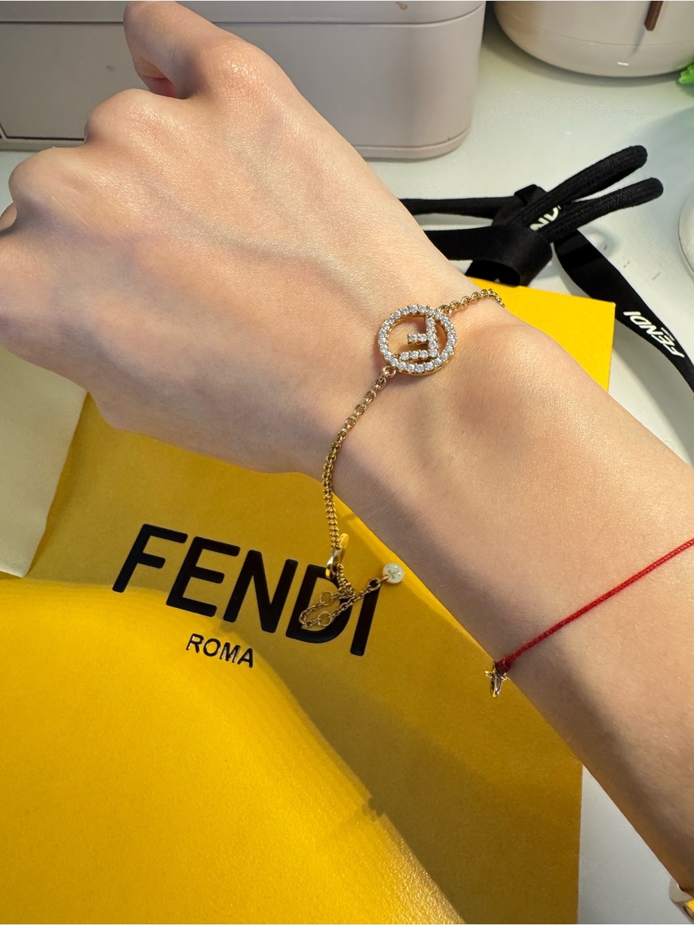 F Is Fendi Rose Gold Crystal FF Disc Bracelet